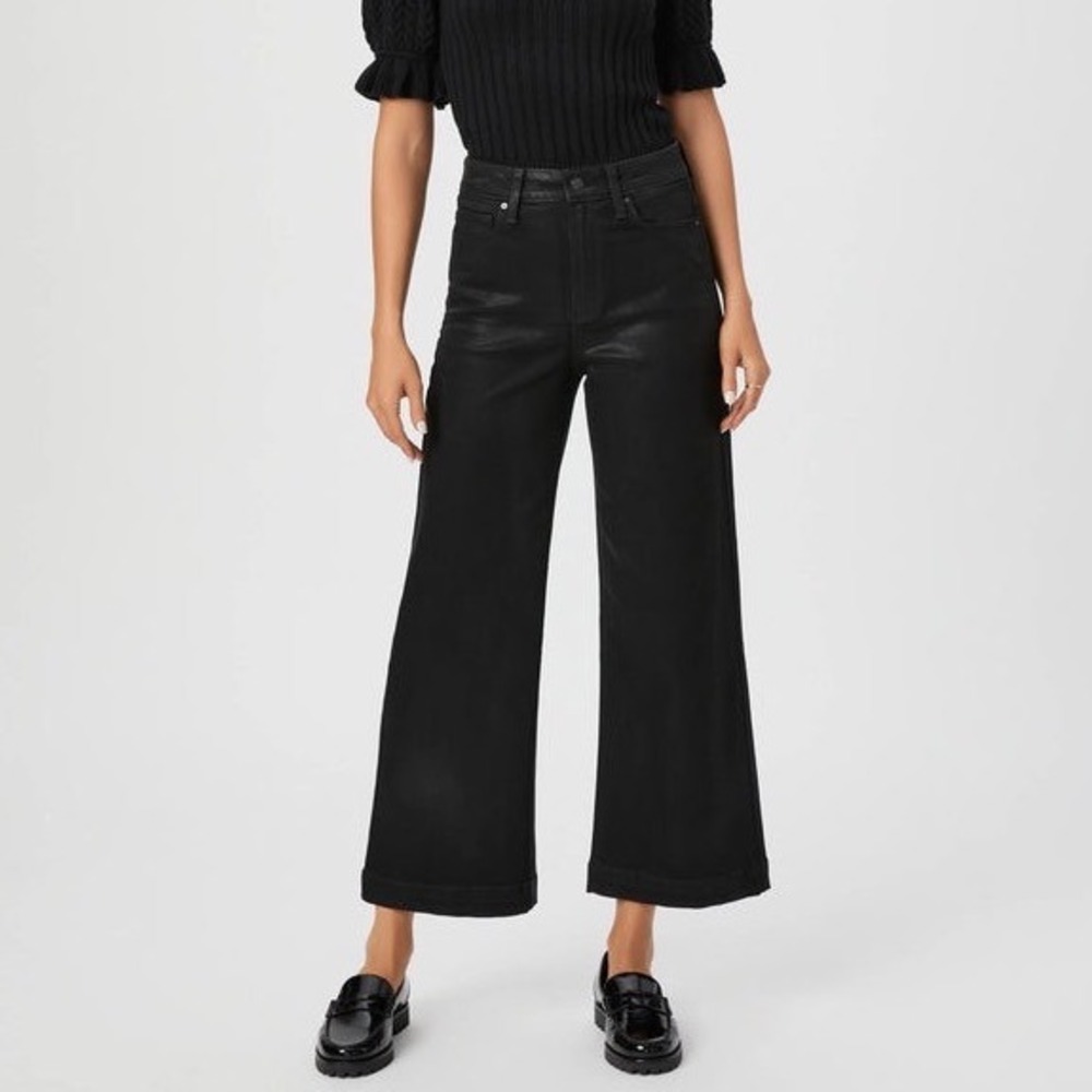 PAIGE Anessa Black Fog Luxe Coating High Rise Wide Leg Cropped Jeans 27
